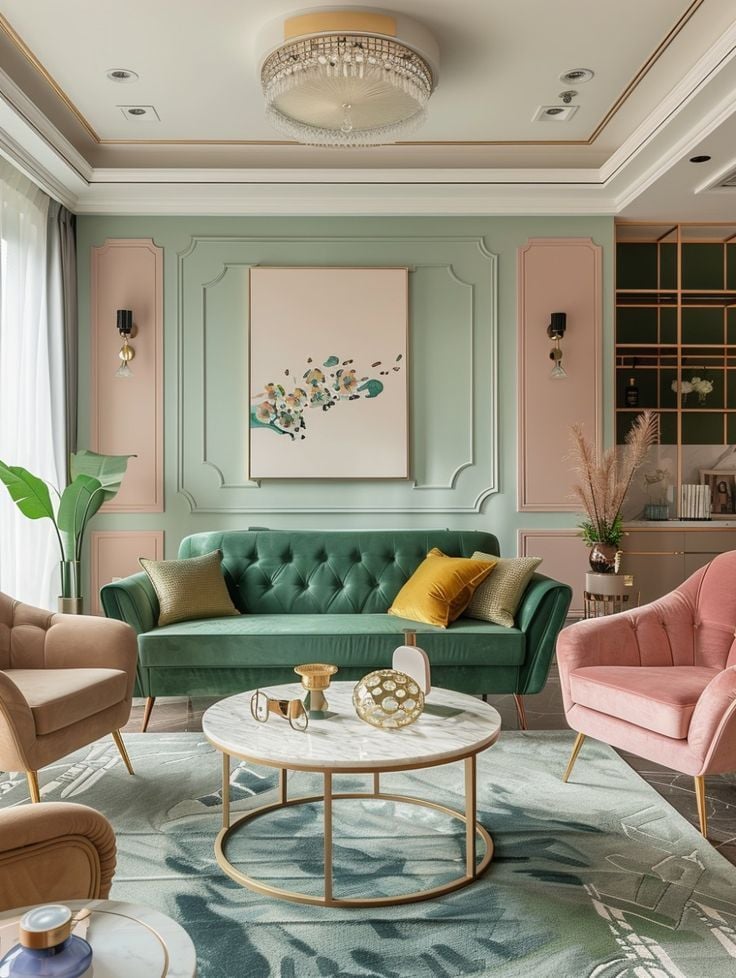 Sala com sofá verde em veludo capitonê e poltronas rosa com boiserie em tons claro de verde e rosa