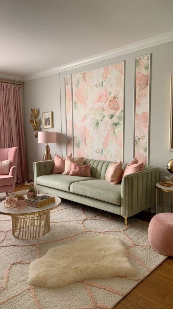 Sala em tons de verde e rosa com boiserie estampado com papel de parede florido