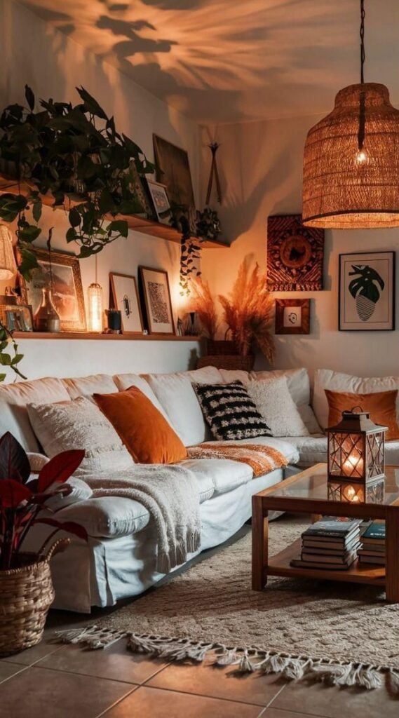 Sala com sofá claro, pendente de fibra natural e iluminação aconchegante