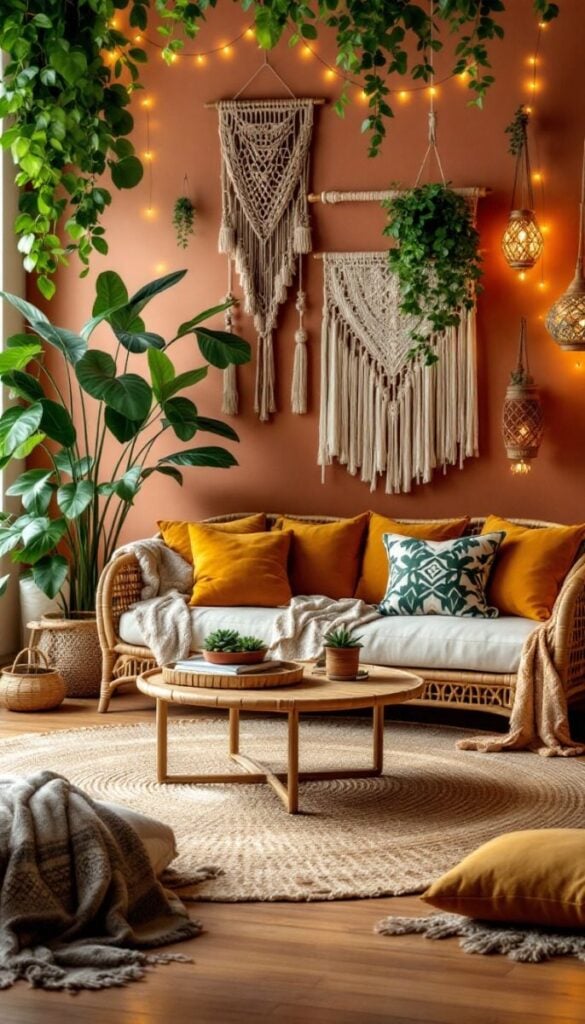 Sala com parede terrosa, sofá de vime, plantas e macramê na parede