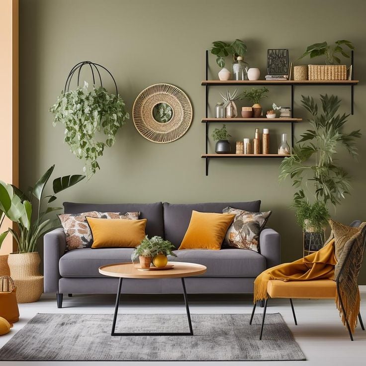 Sala com sofá cinza, parede verde com prateleira e plantas
