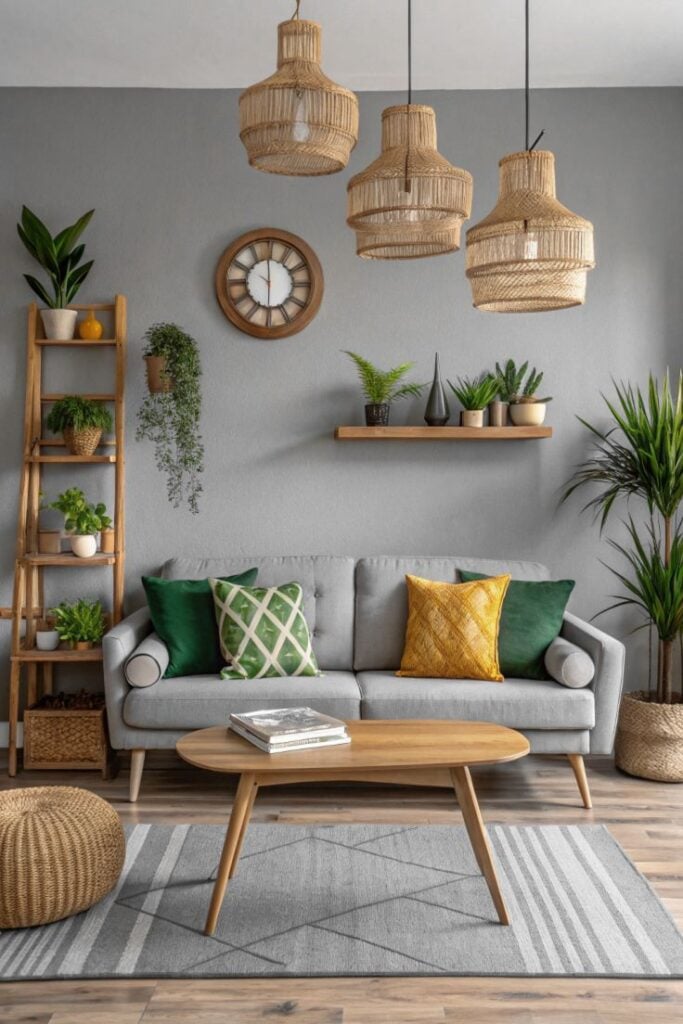 Sala com predominância cinza, escada de madeira decorativa e pendentes de fibra natural