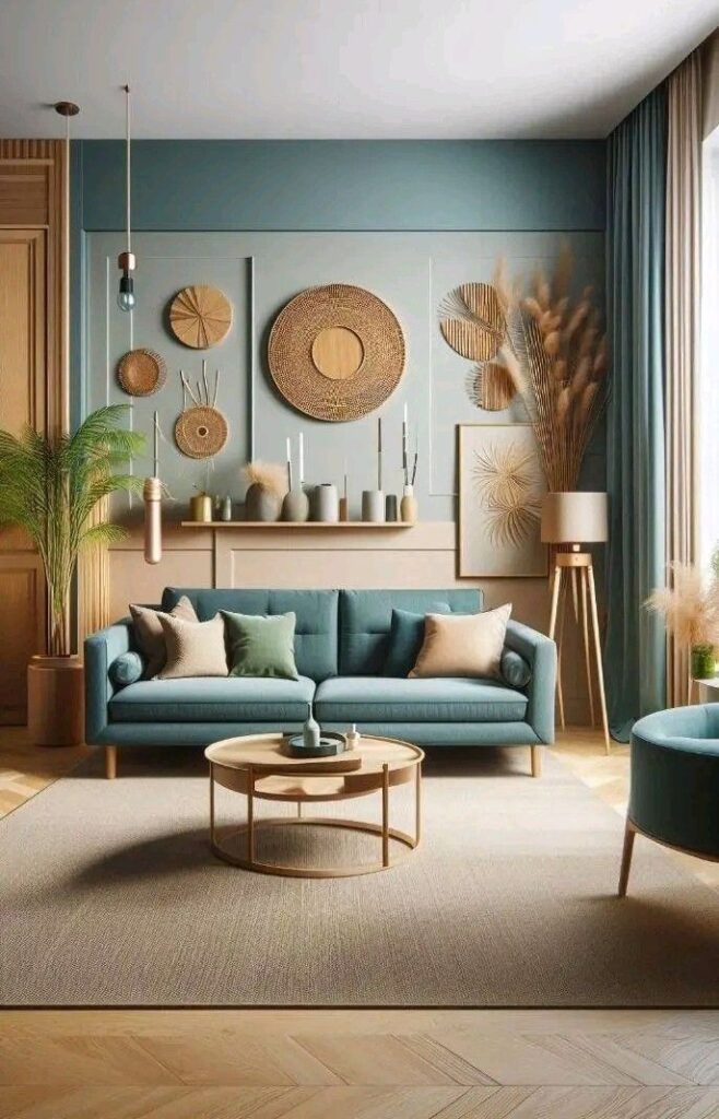 Sala com sofá azul, prateleira e palhas na parede