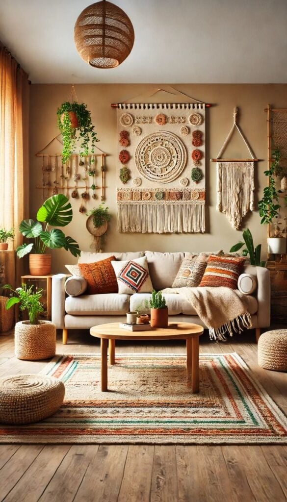 Sala com sofá claro, detalhes terrosos e macramê na parede
