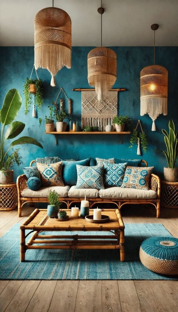 Sala com parede, almofadas e puff em azul, macramê na parede e pendentes de fibras naturais