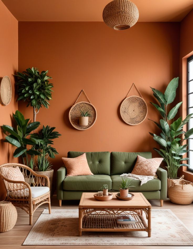 Sala com parede em cor terrosa, sofá verde, cadeira e outros itens em vime