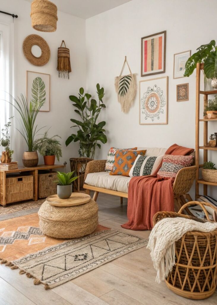 Sala em cores neutras, com sofá de vime, quadros e macramê na parede