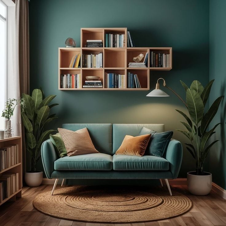 Sala com sofá azul em veludo e pés de palito, e nichos na parede azul