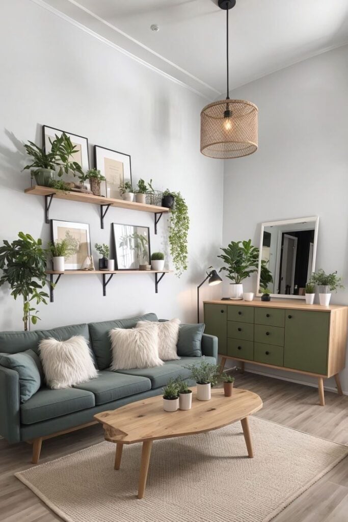 Sala com sofá cinza, mesa de centro orgânica, prateleiras com quadros e plantas e buffet com portas e gavetas verde