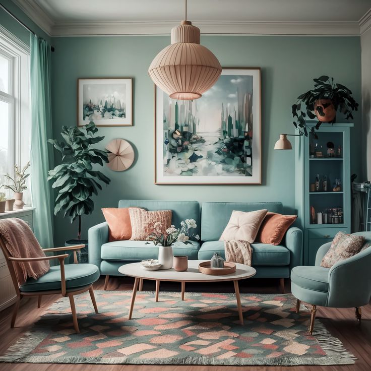 Sala com predominância azul, e grande quadro na parede atrás do sofá