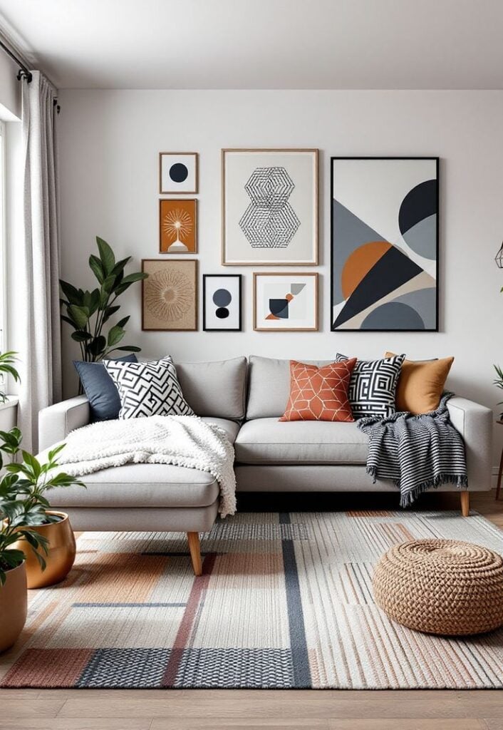 Sala com sofá cinza e quadros abstratos na parede
