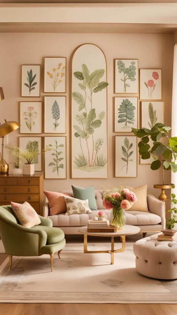 Sala em tons neutros e quadros com imagens de plantas
