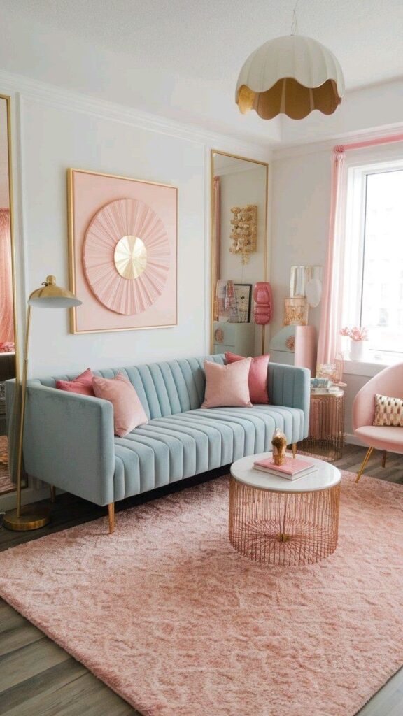 Sala em rosa e azul com quadro rosa e dourado na parede