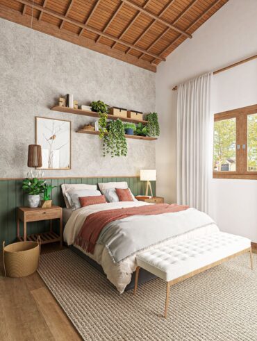 Quarto de casal com cama, prateleiras, cortina, mesa de cabeceira e cestos organizadores