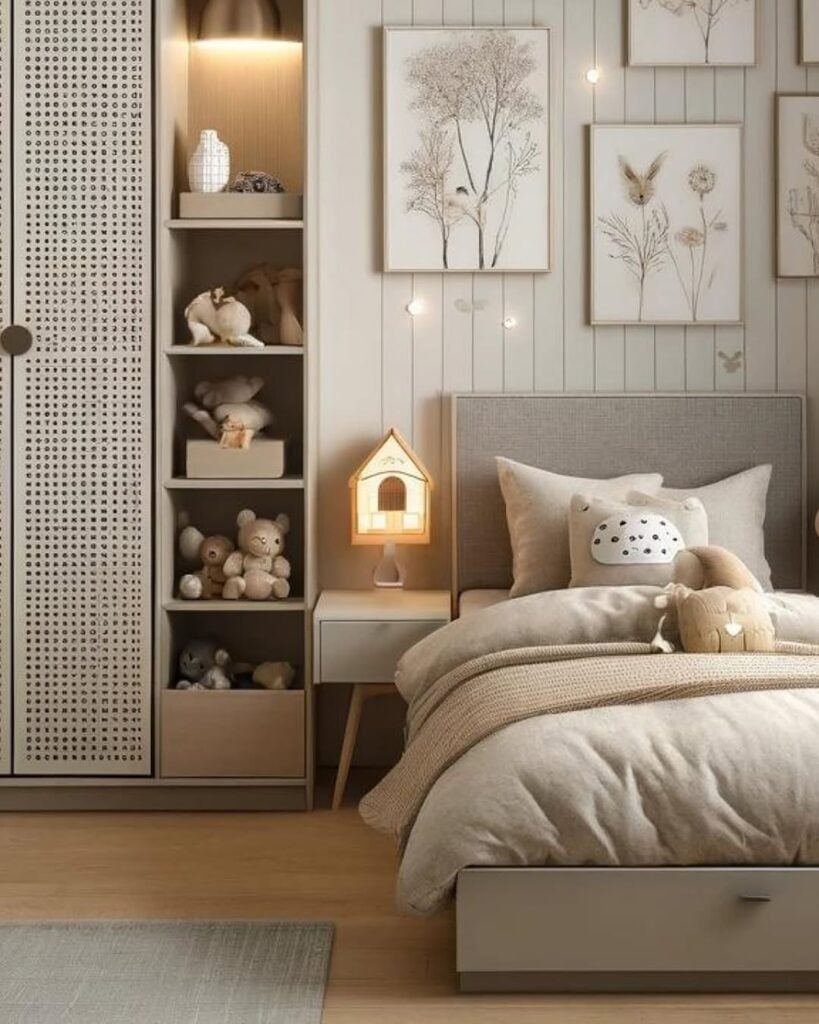 Quarto infantil em tons de cinza e bege, com nichos até o teto, quadros com flores na cabeceira