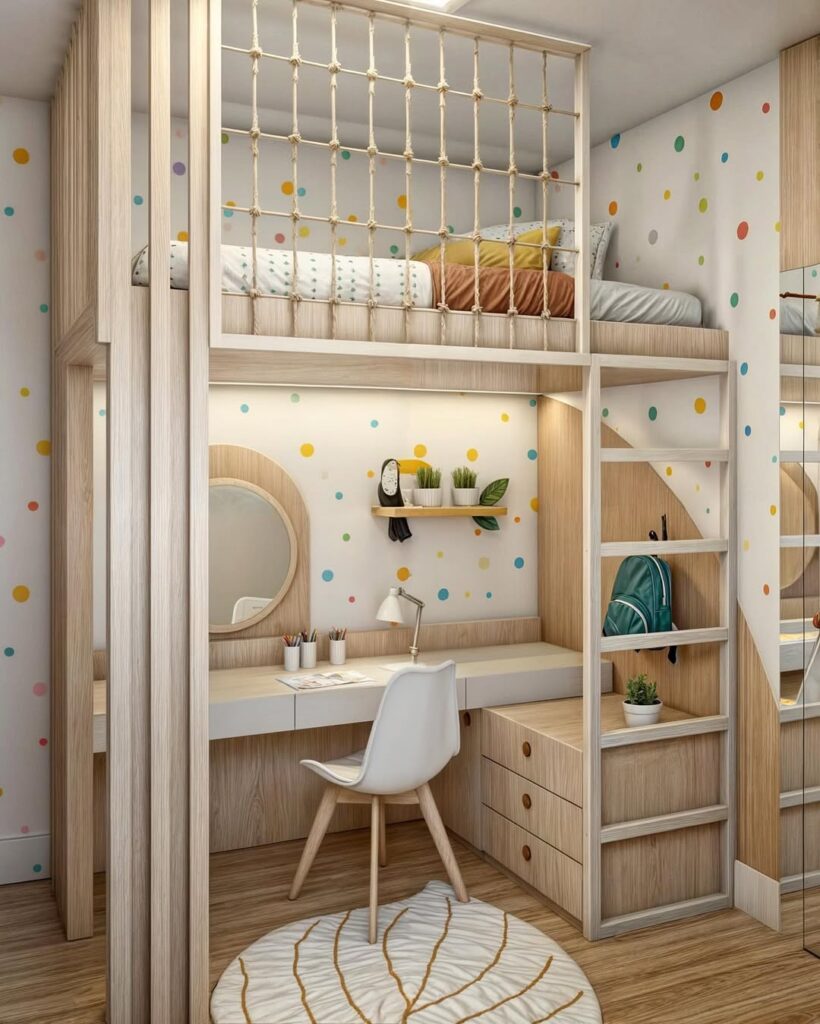 Quarto pequeno com móveis claros, cama em cima da escrivaninha