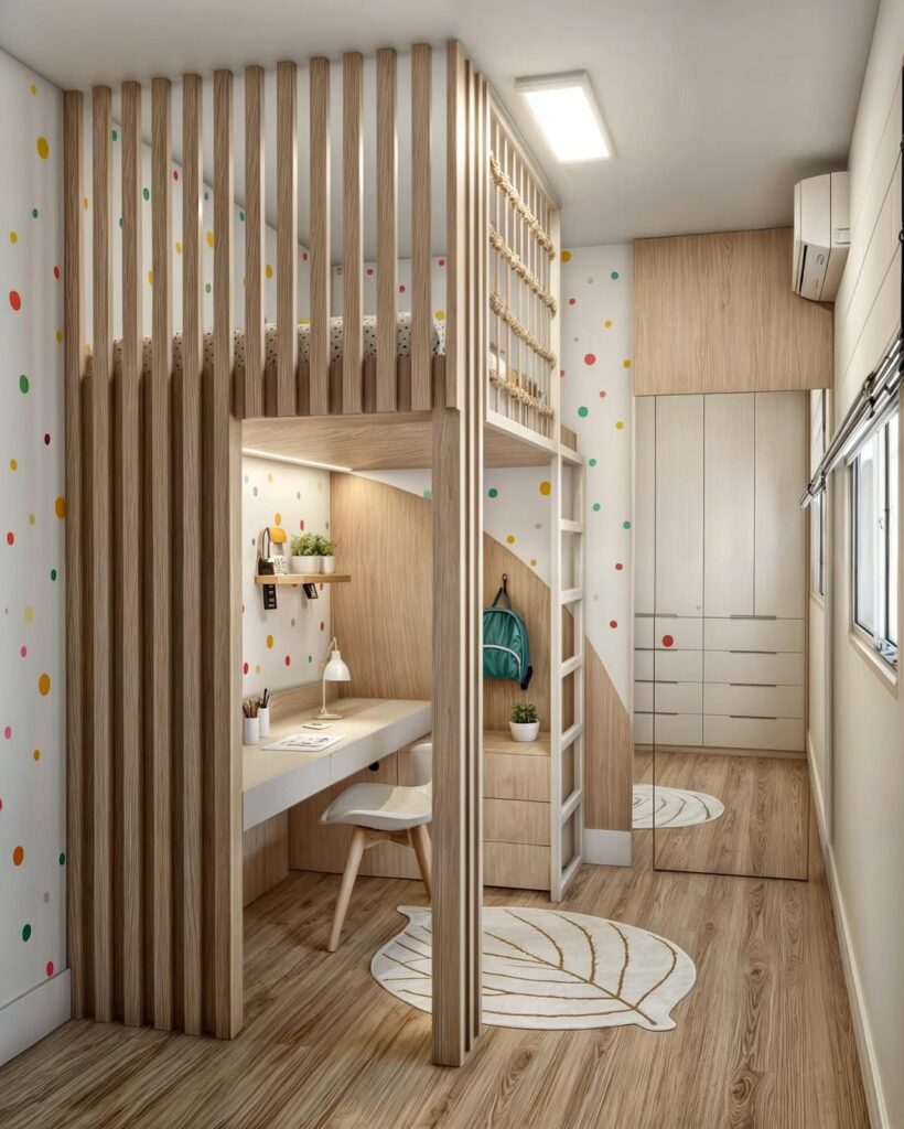 Quarto pequeno em tons claros com tapete em formato de folha
