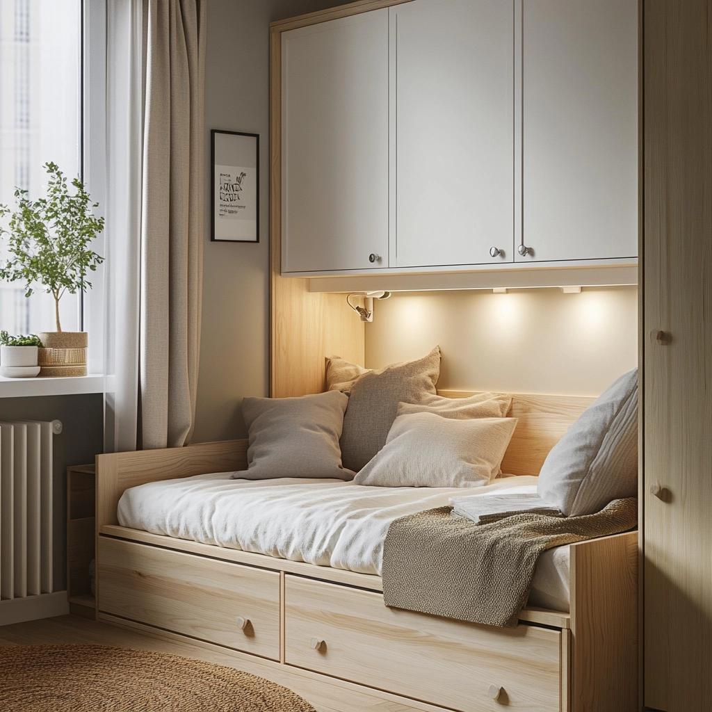 Quarto em tons claros com cama embutida no guarda-roupa, gavetas na parte de baixo da cama