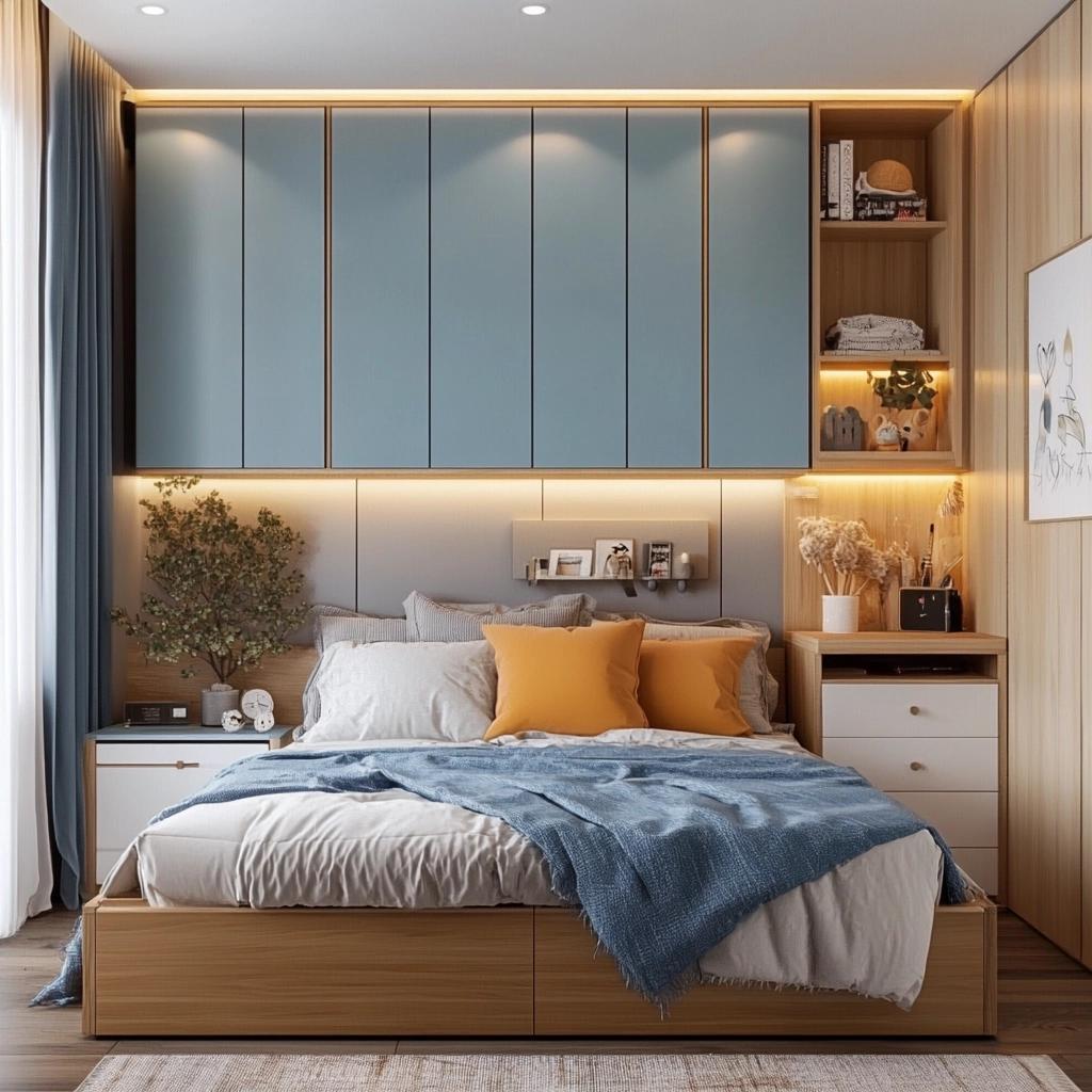 Quarto com roupeiro azul acima da cama, prateleiras e mesa de cabeceira em amadeirados