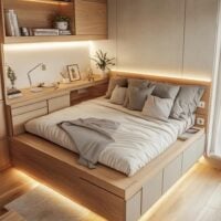 Quarto com móveis em madeira, bancada ao lado da cama com objetos decorativos
