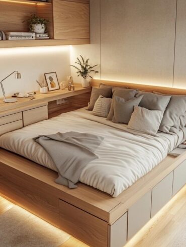 Quarto com móveis em madeira, bancada ao lado da cama com objetos decorativos