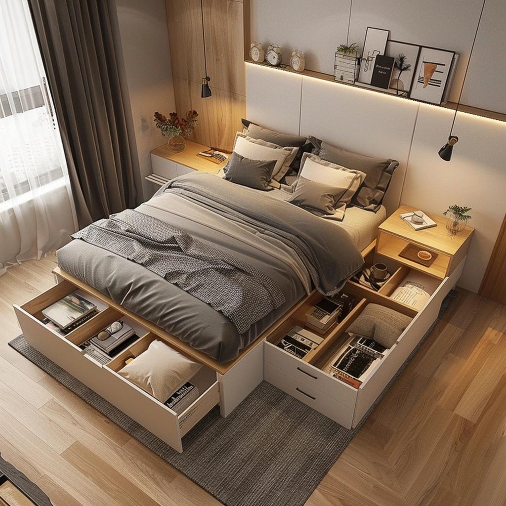 Cama com gavetas e compartimentos internos