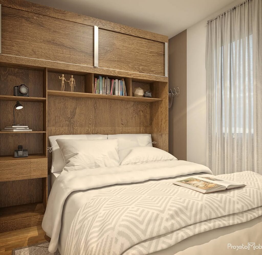 Cama embutida no guarda-roupa com prateleiras