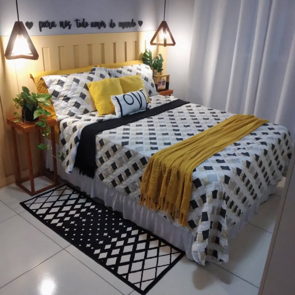 Quarto com cabeceira em madeira, roupas de cama em branco, preto e amarelo