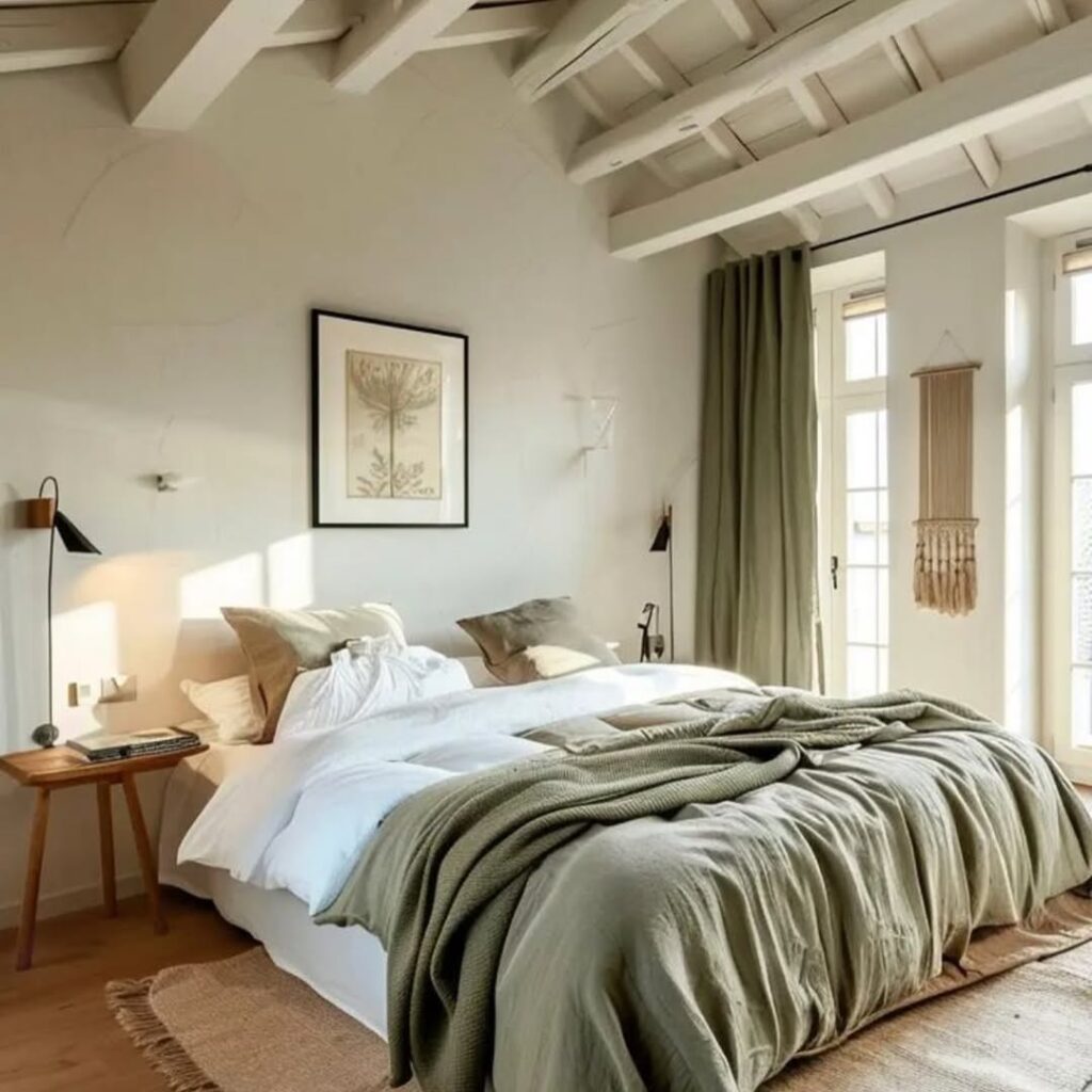 Quarto de casal com teto e parede brancas, e roupa de cama em verde-musgo