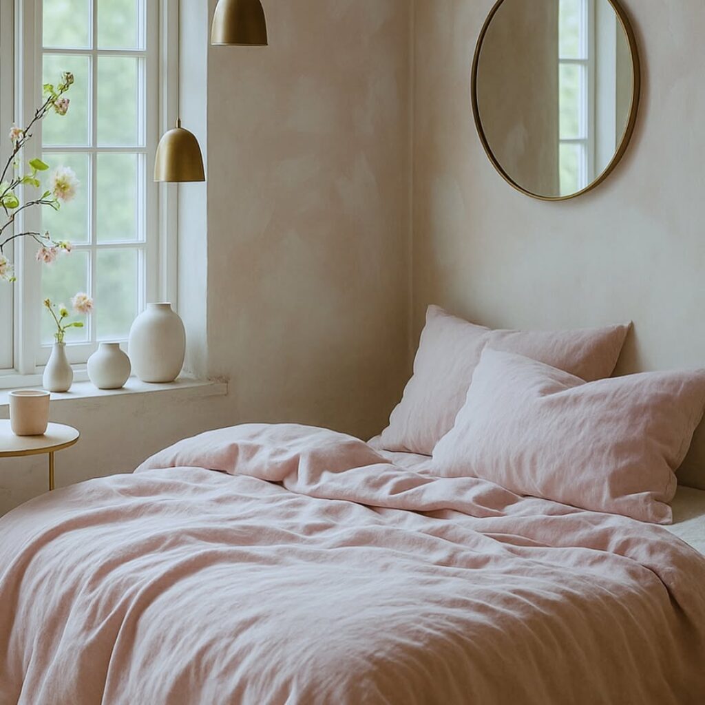 Quarto com cama sem cabeceira, espelho redondo da parede e pequenos vasos brancos