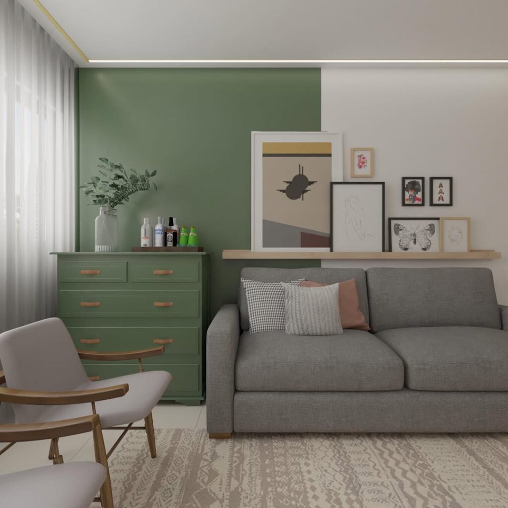 Sala com meia parede e móvel verde, sofá e poltronas cinza
