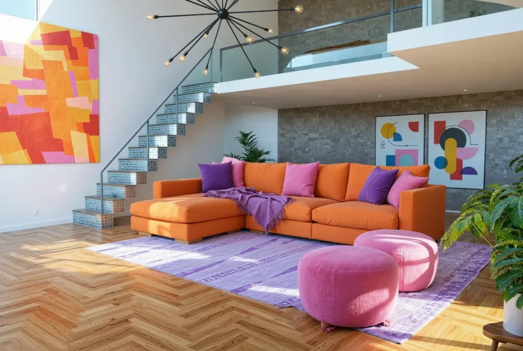 Sala com paredes cinza e branco, com sofá laranja e almofadas rosa