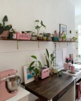 Cozinha decorada com prateleira e balcão com torradeira e batedeira Smeg com plantas