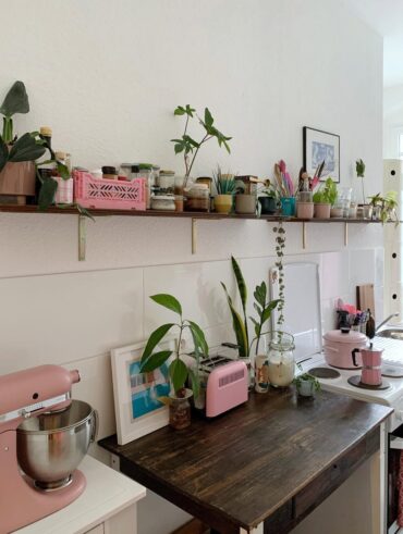 Cozinha decorada com prateleira e balcão com torradeira e batedeira Smeg com plantas
