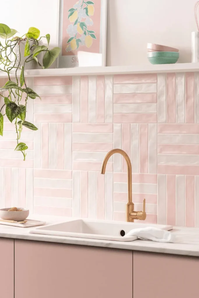 Cozinha com rodabanca rosa e armário rosa