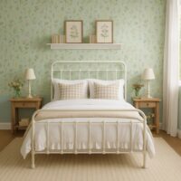 Quarto de casal com cama de ferro branca, papel de parede floral com fundo verde-claro