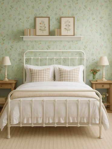 Quarto de casal com cama de ferro branca, papel de parede floral com fundo verde-claro