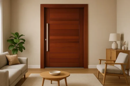Sala de estar com porta pivotante de madeira, sofá claro, mesa de centro e balcão em madeira clara