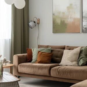 Sala com sofá em suede marrom com almofadas verde e terracota