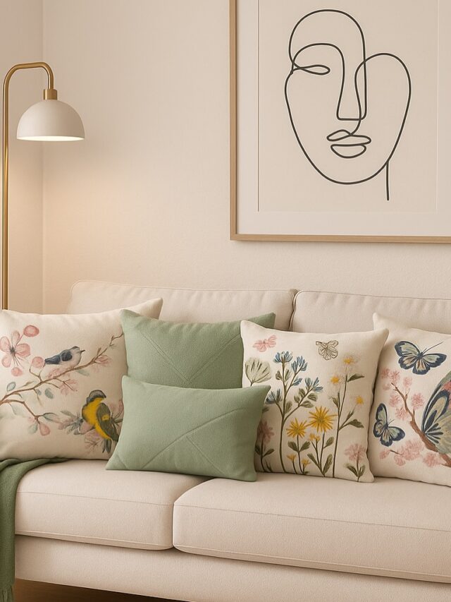 Sala de estar com sofá branco, almofadas claras com flores, passarinhos e borboletas