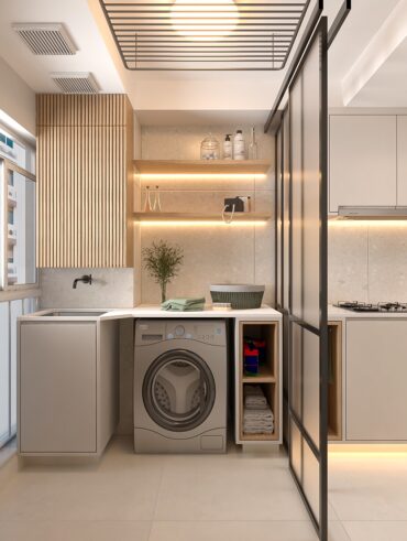 Lavanderia em tons neutros com armário aéreo ripado e prateleiras com luz de led