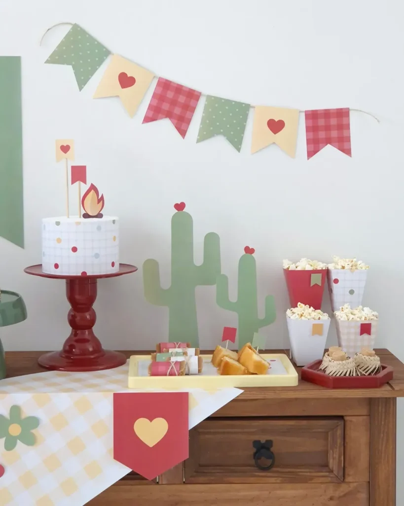 Aparador de madeira com decoração junina feita de papel, bandeirinhas, cáctus e fogueira