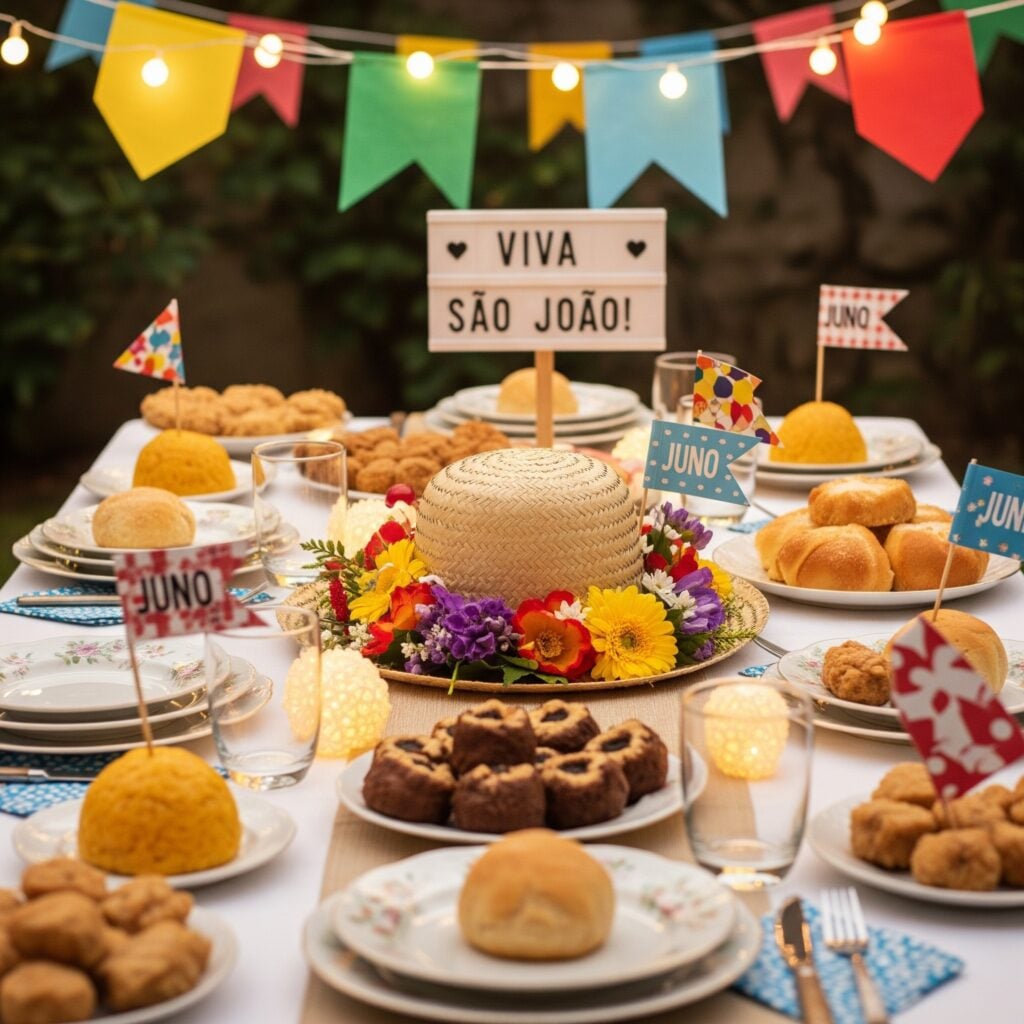Mesa posta junina com salgados e chapéu de palha decorado com flores