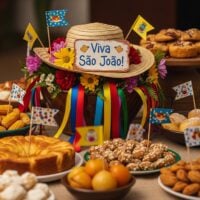 Mesa junina com centro de mesa feito de chapéu de palha, bandeirinhas, flores e fitas