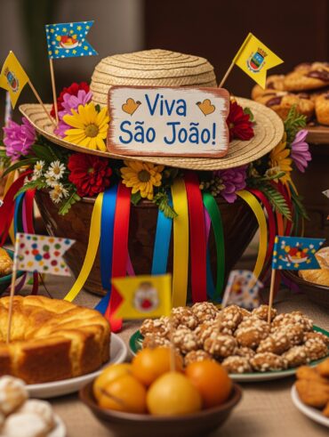 Mesa junina com centro de mesa feito de chapéu de palha, bandeirinhas, flores e fitas