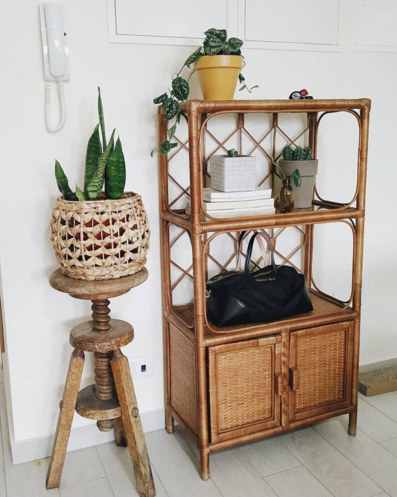 Estante de vime com livros e vasos de plantas