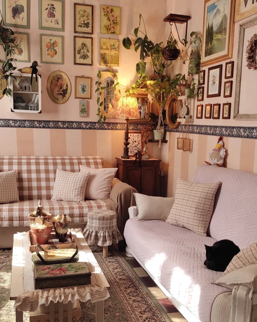 Sala de estar com sofá, mantas e almofadas, quadros e plantas nas paredes