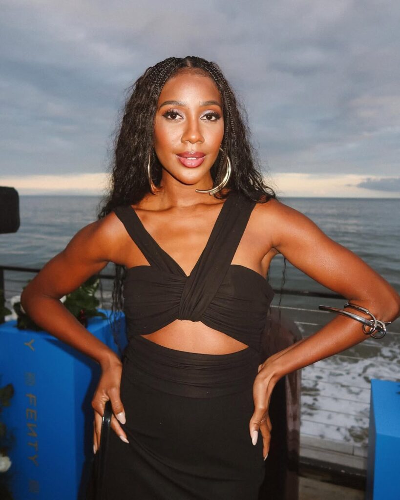 Mulher de pele preta, com vestido preto, acessórios em prata e cabelo com tranças