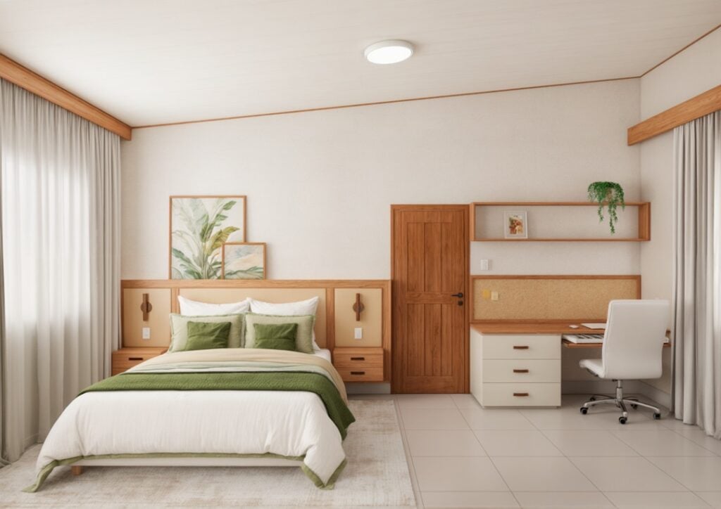 Quarto de casal em tons neutros, detalhes em verde e escrivaninha com gavetas brancas