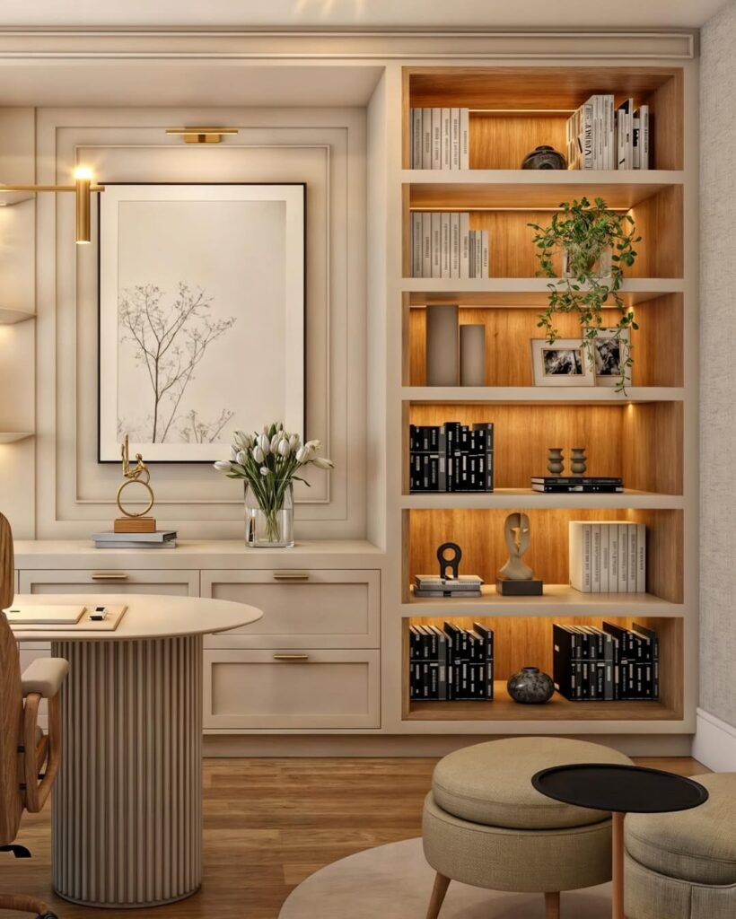 Estante em cor neutra com livros, esculturas e vaso de plantas